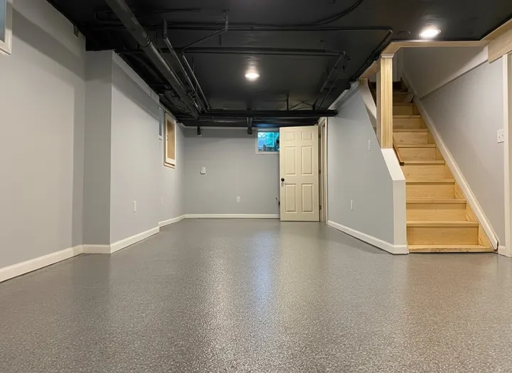 Finished basement with epoxy flake flooring in Central NJ, ideal for rec rooms and home gyms
