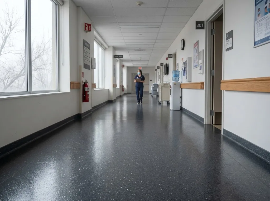 Medical facility corridor with dark speckled epoxy floor, ready for a coating estimate