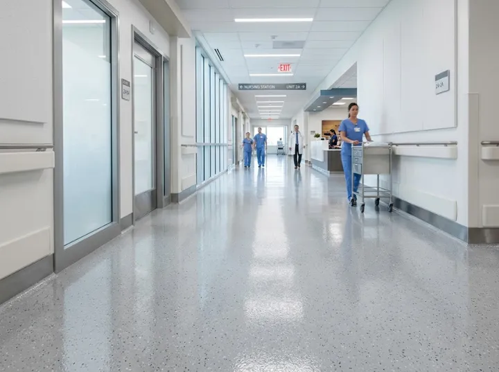 Bright healthcare corridor in Somerset County with high-gloss speckled epoxy flooring and clinical staff