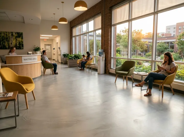 Hospital or medical waiting area with seamless light grey epoxy floor and natural light