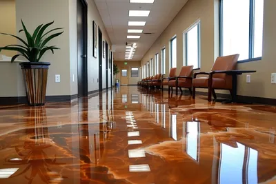 Seamless epoxy floor in a modern Central NJ office lobby and corridor