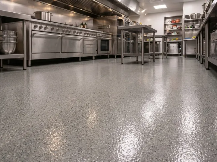 Commercial restaurant kitchen with wide-angle view of slip-resistant flake epoxy flooring