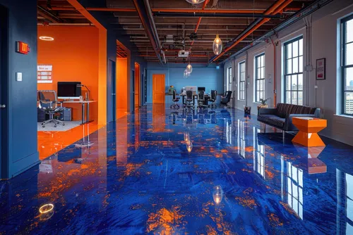 Seamless epoxy floor in a modern Central NJ office lobby and corridor