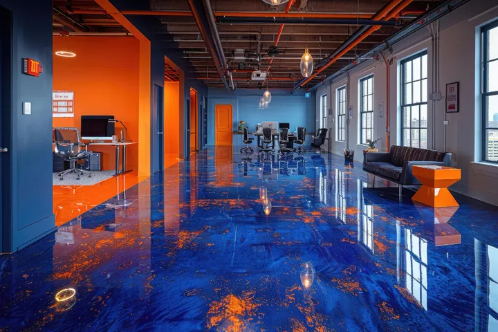 Modern office lobby with seamless metallic epoxy flooring