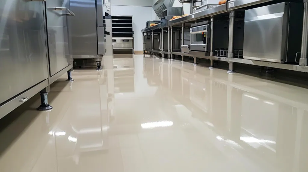 Metallic epoxy floor in a commercial kitchen, ready for a free coating estimate