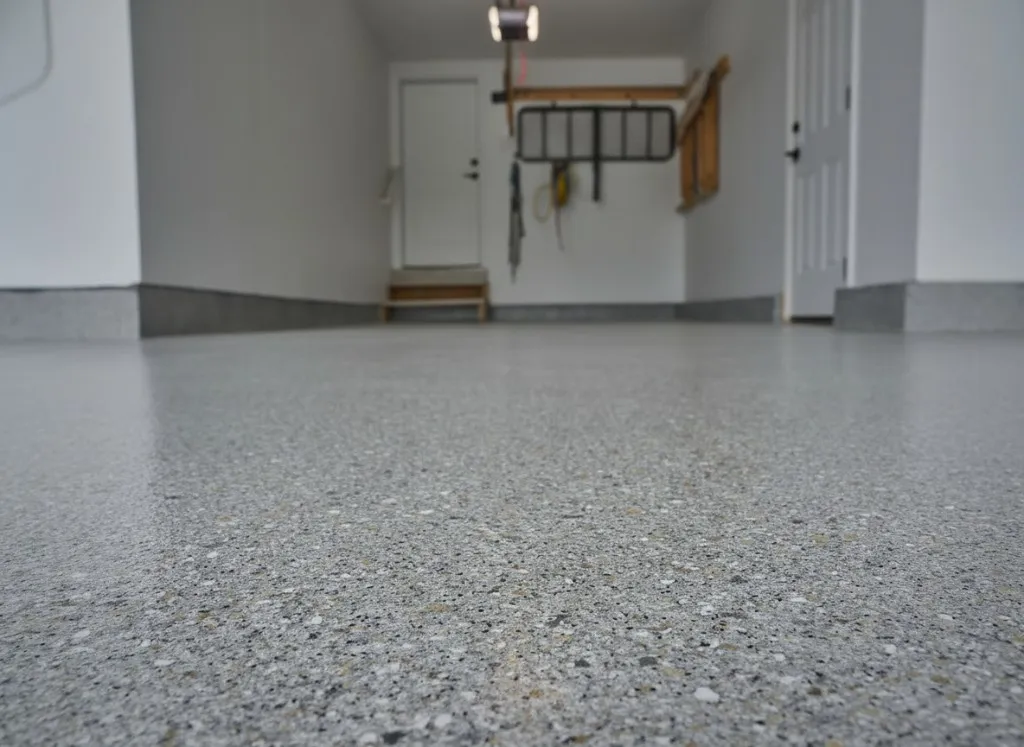 Flake epoxy floor with vinyl chips in a garage, installed by JC Epoxy Flooring