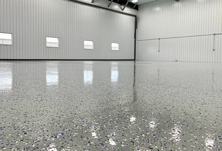 Flake epoxy flooring with decorative vinyl chips in a Central NJ installation