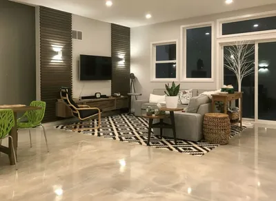 Seamless epoxy interior floor in a Central NJ home kitchen and living area