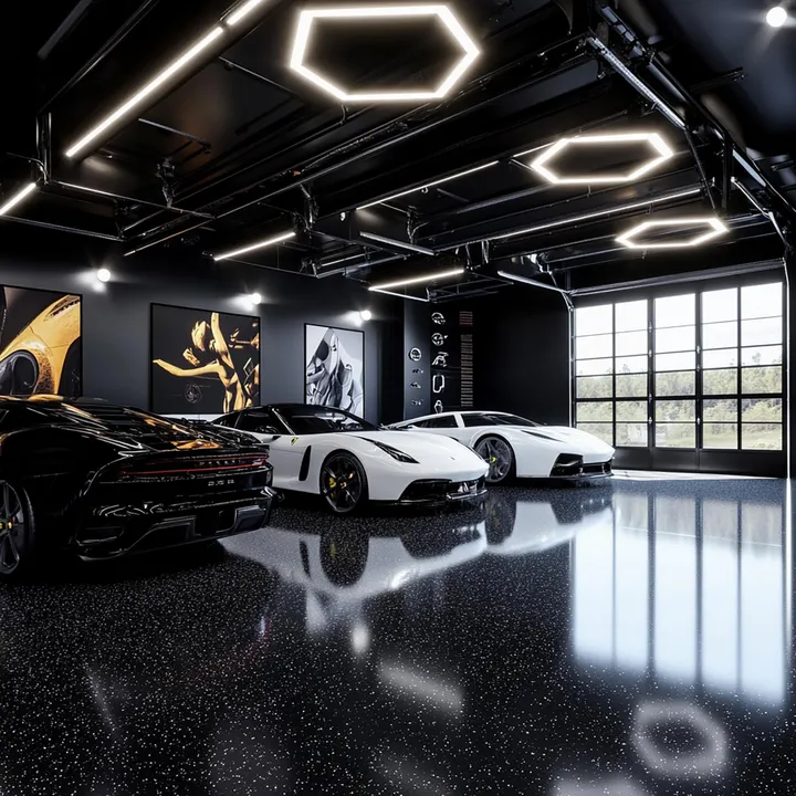 Luxury garage with glossy epoxy floor coating and hexagonal LED lights
