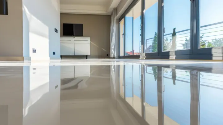 Light cream epoxy floor with mirror-like gloss in a modern living room